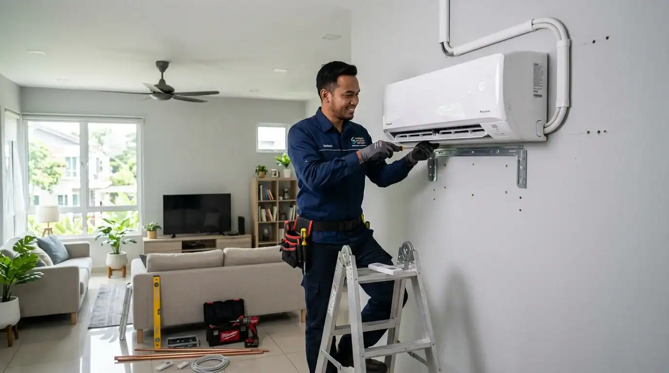 Juruteknik Melayu memasang unit aircond inverter serba baharu di ruang tamu kediaman