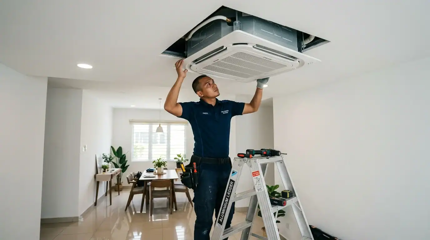 Pemasangan Aircond Ceiling Cassette Dalam Siling Plaster Juruteknik Melayu memasang unit pendingin hawa ceiling cassette 4-way ke dalam bukaan siling plaster rumah