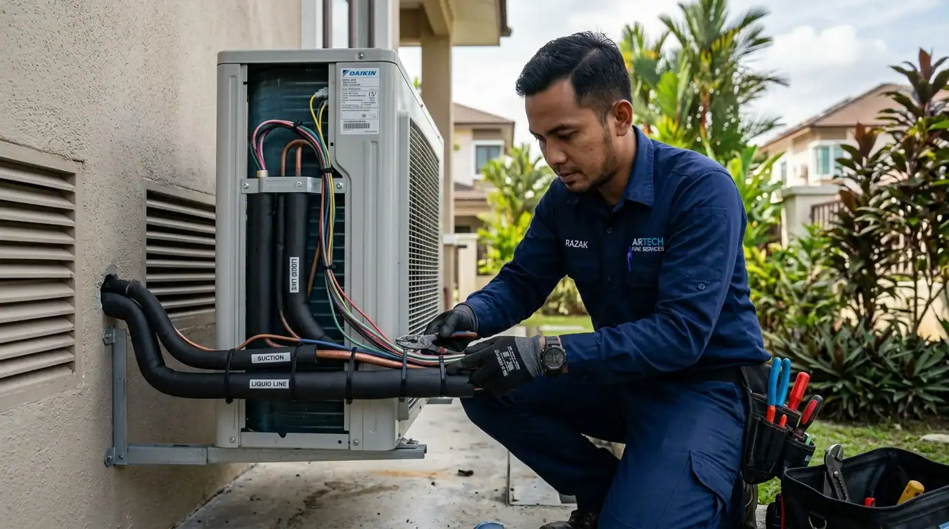 Juruteknik menyusun dan menebat kabel pendawaian elektrik unit luar bagi mencegah litar pintas