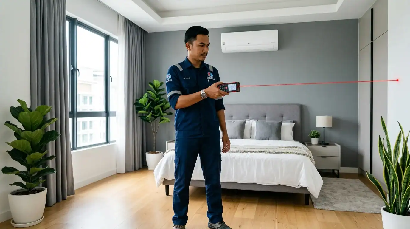 Juruteknik menggunakan alat pengukur jarak laser digital untuk memastikan kesesuaian saiz bilik 1HP