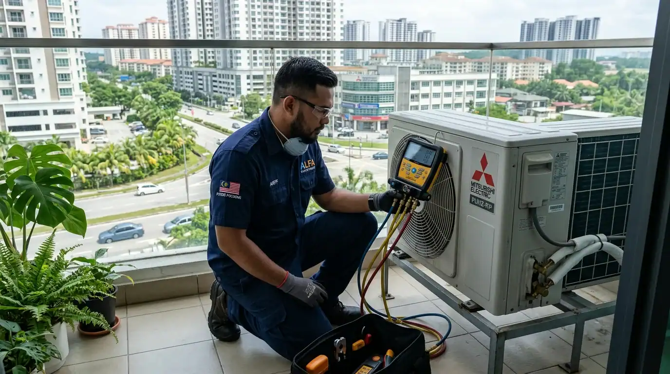 Pemeriksaan tekanan gas penyejuk R32 pada unit kompresor outdoor di kediaman Puchong menggunakan manifold gauge digital