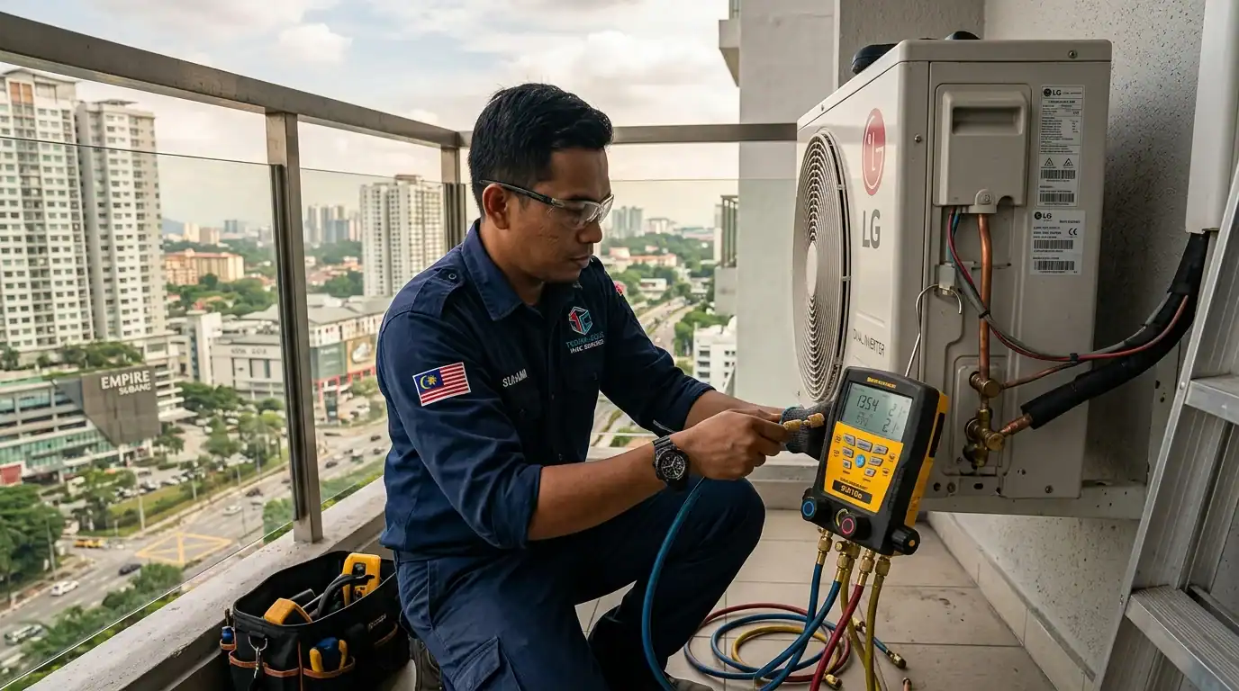 Juruteknik bertauliah menyambungkan tolok pancarongga digital bagi memeriksa tekanan gas R32 di balkoni kondo USJ