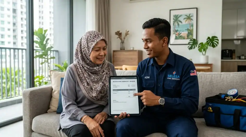 Juruteknik Melayu bertauliah Adimada menerangkan sebut harga digital telus kepada pelanggan di ruang tamu Petaling Jaya