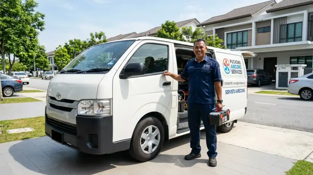 Juruteknik Melayu bertauliah Adimada sedang membuat servis aircond rumah di kawasan Puchong dengan senyuman mesra dan peralatan lengkap