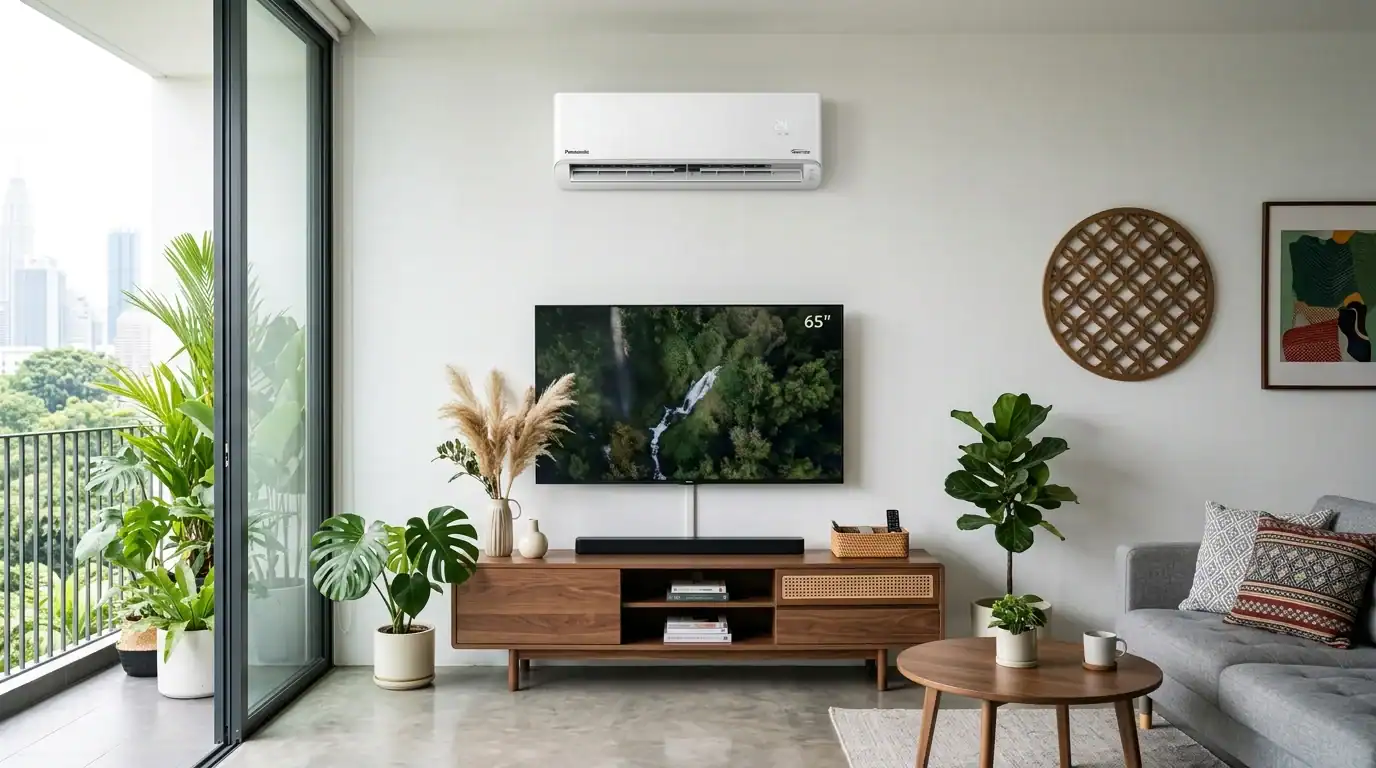 Pemasangan Unit Aircond Wall Mounted Ruang Tamu Unit pendingin hawa wall mounted inverter dipasang kemas pada dinding ruang tamu moden kediaman Malaysia