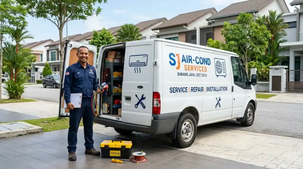 Juruteknik Melayu bertauliah Adimada Aircond Services bersama van servis di kawasan perumahan Subang Jaya