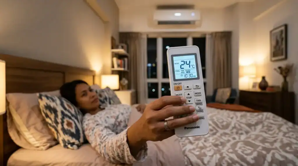 Alat kawalan jauh remote aircond menunjukkan tetapan suhu jimat elektrik 24 darjah celcius di bilik tidur