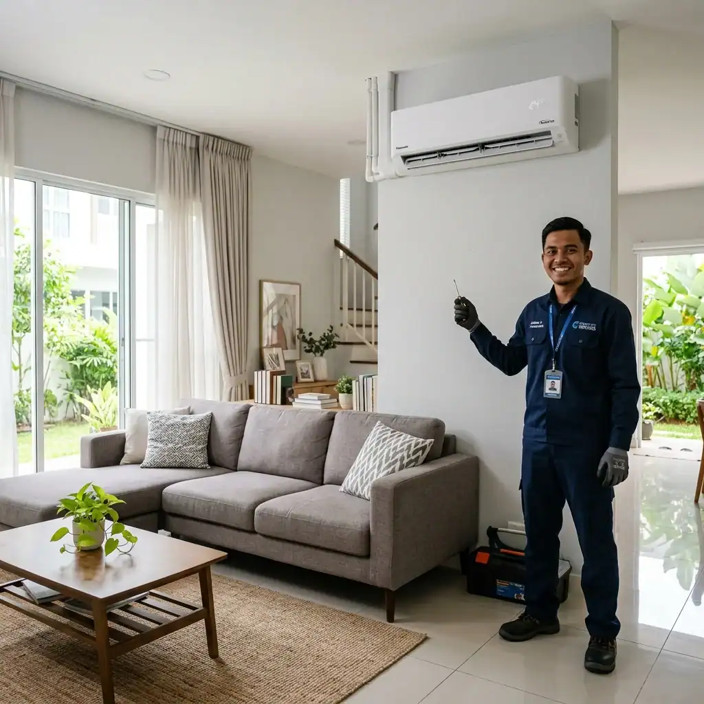 Juruteknik Melayu bertauliah Adimada berdiri di sebelah unit penyaman udara 2.0HP inverter yang dipasang kemas di ruang tamu rumah teres