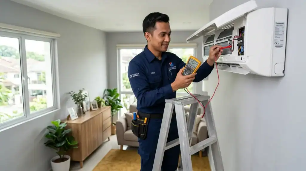 Juruteknik Melayu bertauliah Adimada memeriksa punca masalah aircond on off sendiri menggunakan multimeter digital