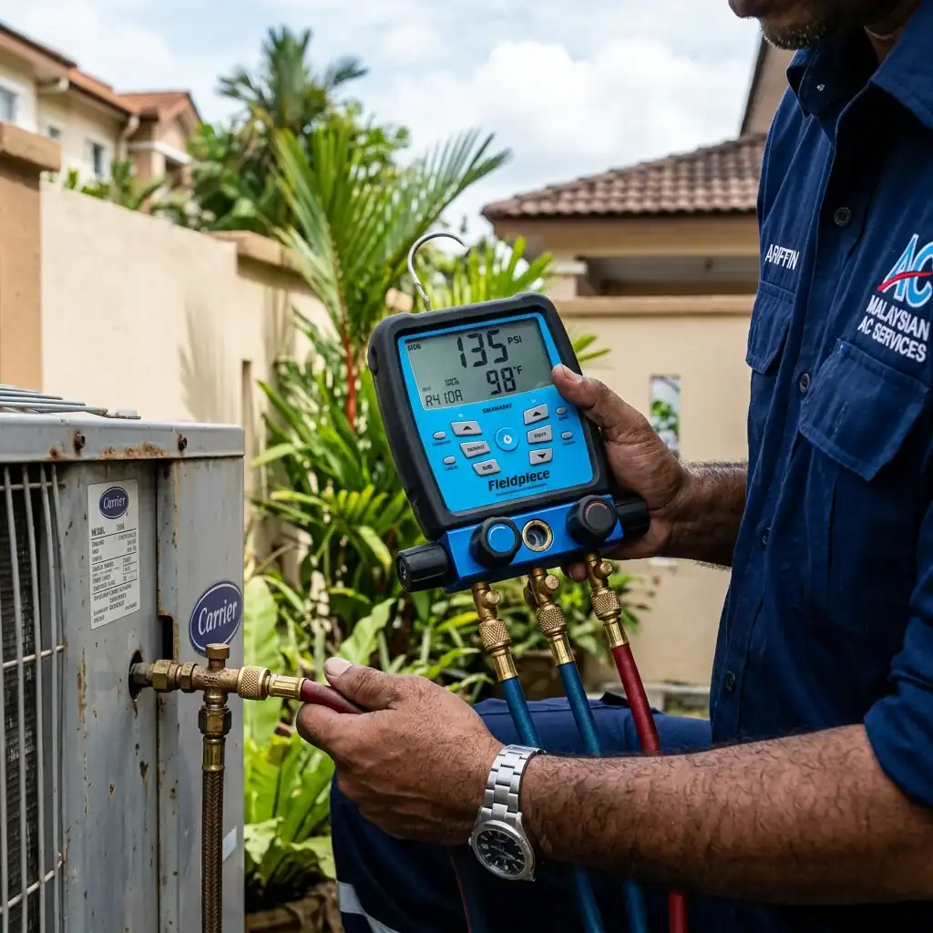 Juruteknik menyemak bacaan tekanan gas R32 pada tolok manifold digital menunjukkan paras optimum 135 PSI pada unit penyejuk luar
