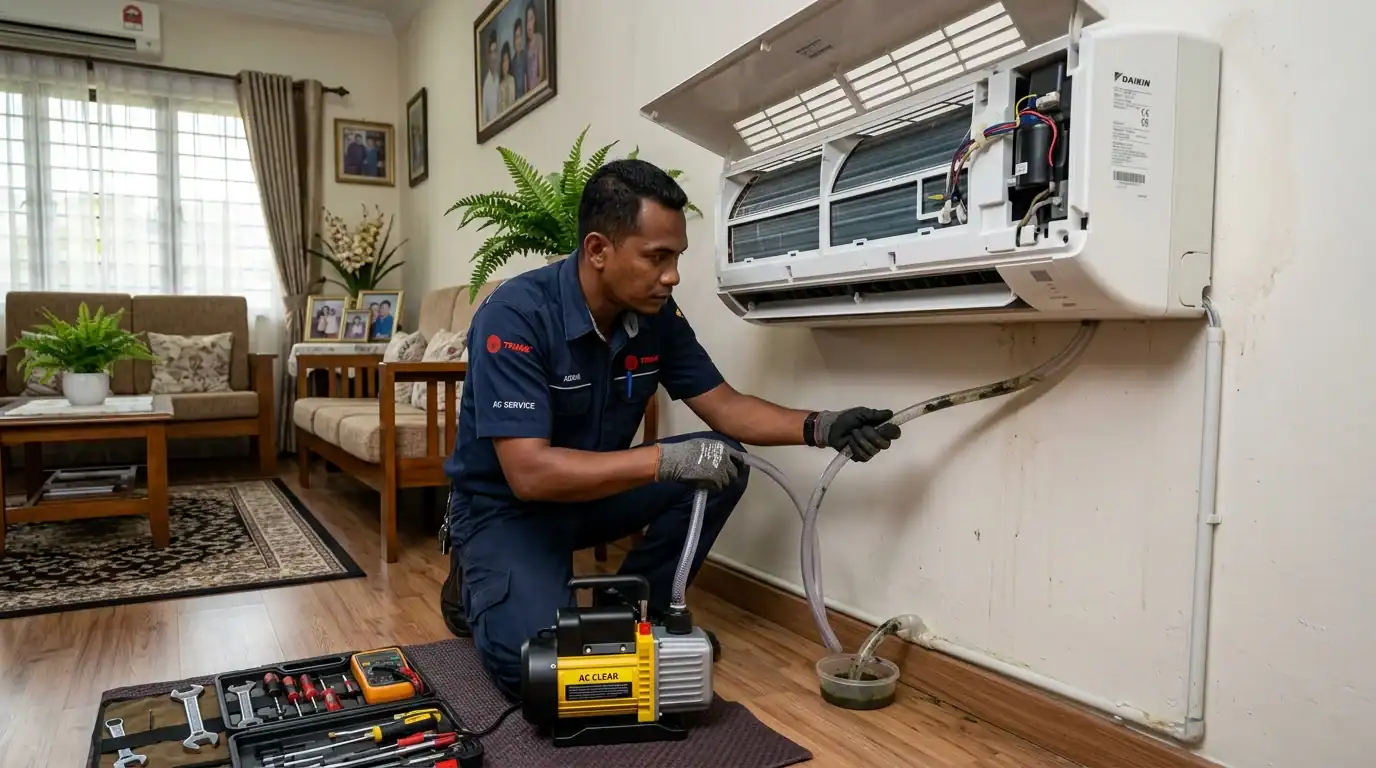 Juruteknik menyedut dan membersihkan keladak lumut tersumbat pada hos saliran buangan aircond menggunakan pam vakum mudah alih di kediaman Rawang