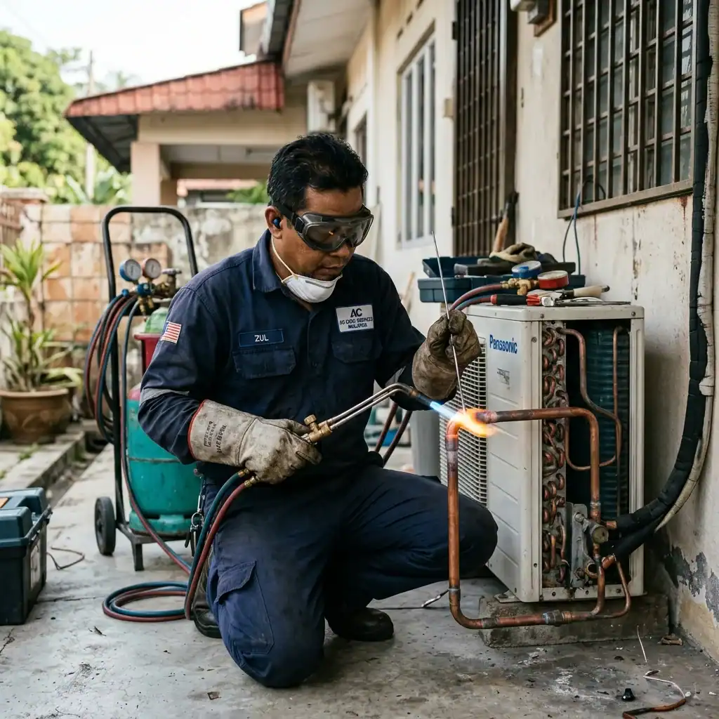 Juruteknik Adimada memakai cermin mata keselamatan melakukan kimpalan brazing aloi perak pada paip tembaga kuprum berlubang