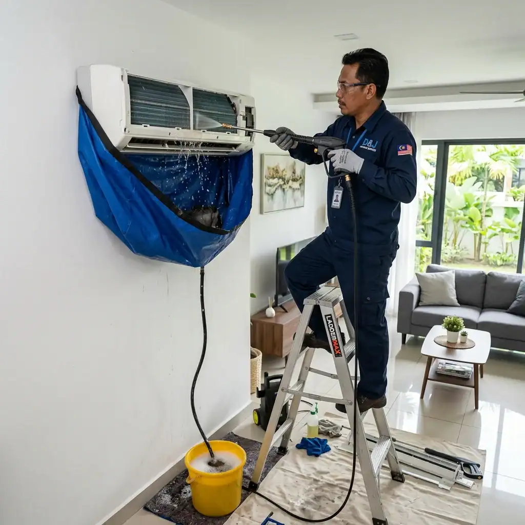 Juruteknik melakukan cucian kimia waterjet fancoil menggunakan beg kanvas tadahan khas memastikan ruang tamu di Denai Alam kekal bersih tanpa percikan air