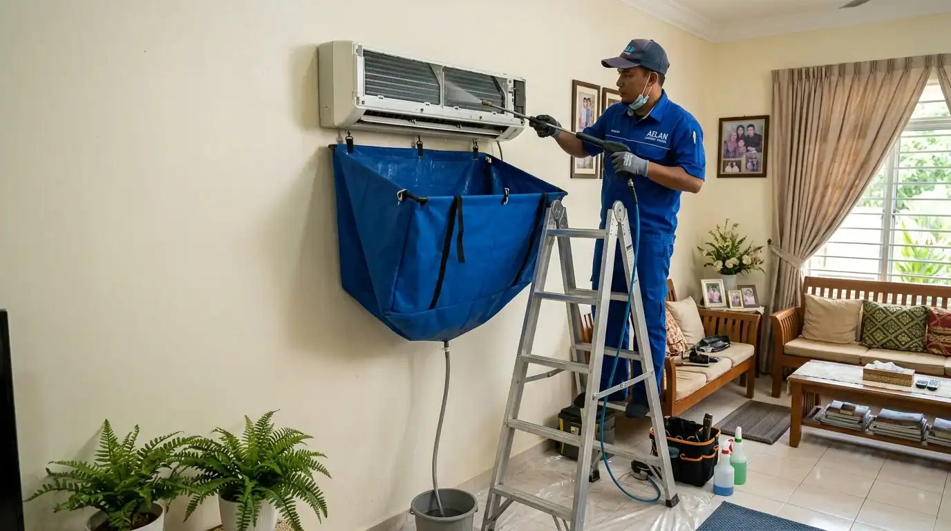 Juruteknik Adimada membasuh gegelung penyejuk fancoil menggunakan pam semburan air terkawal dan beg kanvas tadahan biru di ruang tamu rumah Rawang
