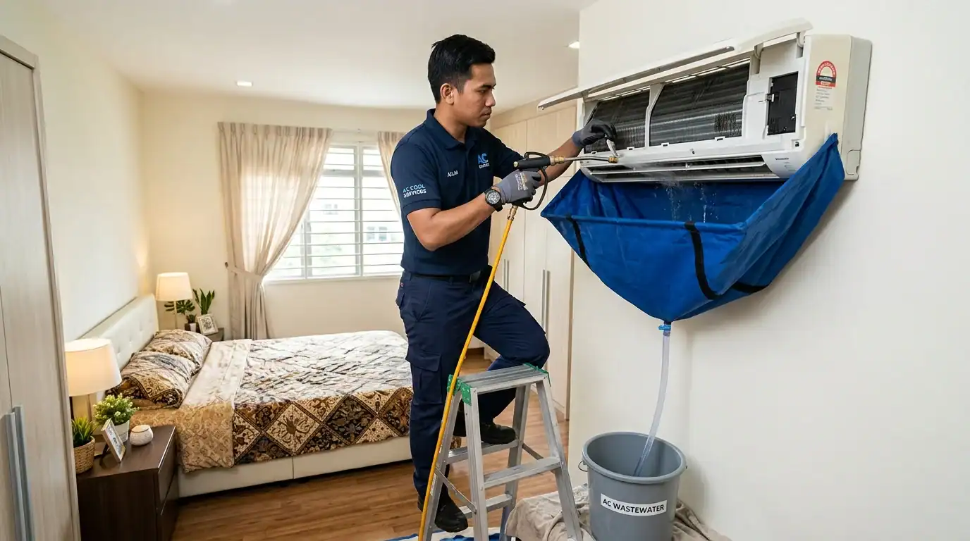 Juruteknik melakukan cucian kimia waterjet fancoil menggunakan beg kanvas tadahan khas memastikan bilik tidur di Saujana Utama kekal bersih