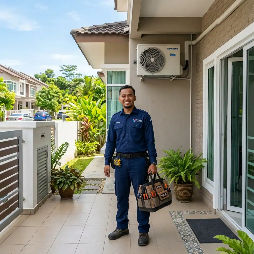 Juruteknik Melayu bertauliah Adimada bersedia memberikan servis aircond profesional di porch rumah teres dua tingkat Denai Alam Shah Alam