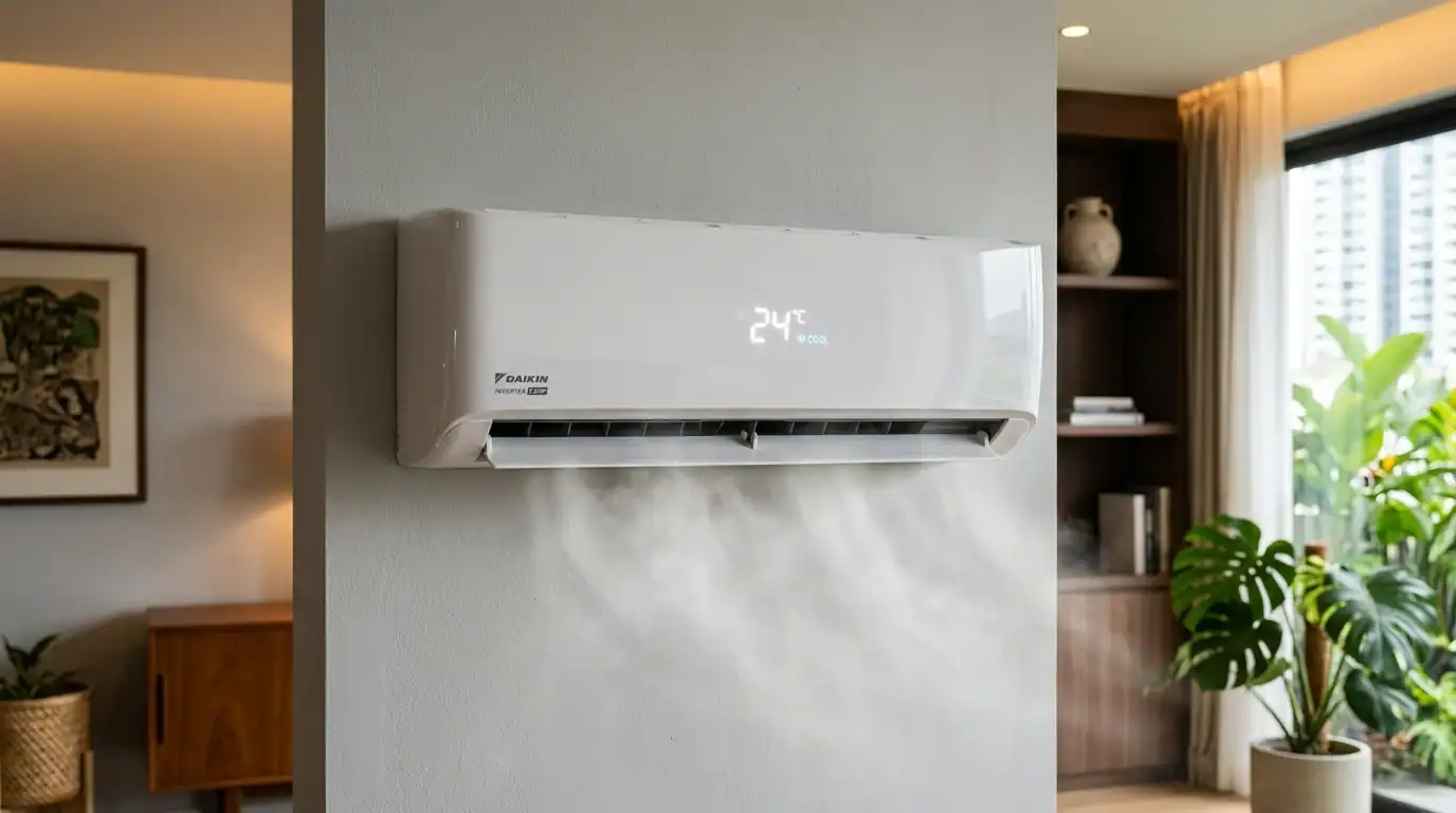 Unit pendingin hawa fancoil 1.5HP inverter beroperasi pada suhu 24 darjah celcius dengan hembusan angin sejuk lembut di bilik tidur