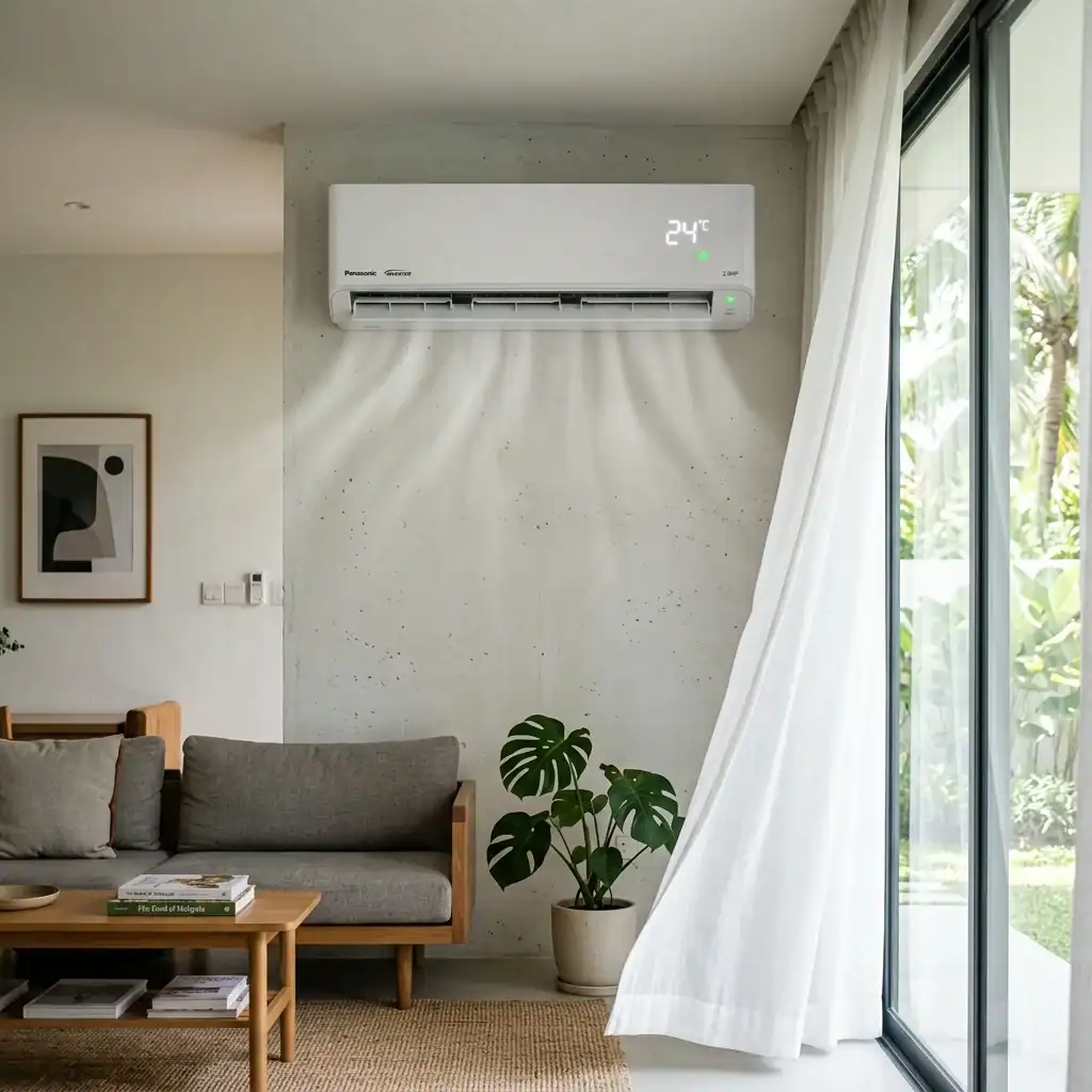 Unit pendingin hawa dinding 2.0HP inverter beroperasi pada suhu 24 darjah celcius menghembus udara sejuk lembut ke seluruh ruang tamu luas