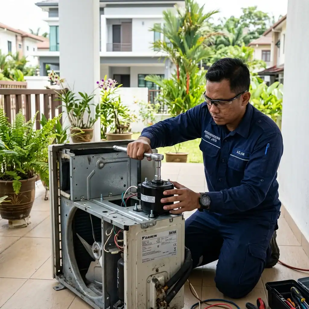 Penggantian Motor Kipas Luaran Outdoor Aircond Baharu Juruteknik Adimada memasang dan mengetatkan motor kipas luaran outdoor condensing unit yang baharu menggunakan perengkuh soket