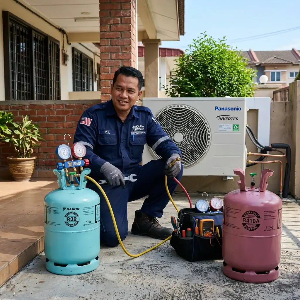 Juruteknik Melayu bertauliah Adimada membuat perbandingan antara silinder gas penyejuk R32 biru dan R410A merah jambu di hadapan unit kondenser inverter