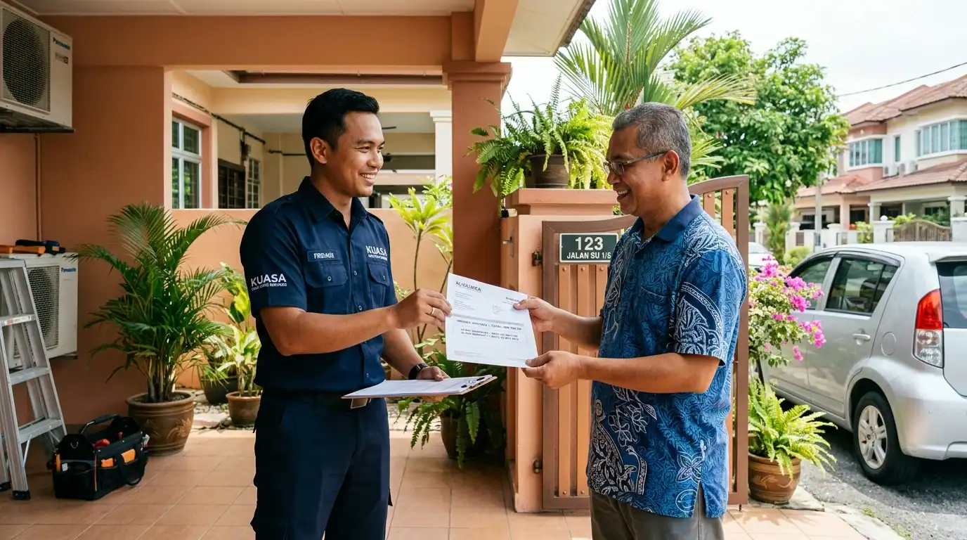 Juruteknik Adimada menyerahkan sebut harga telus dan kad jaminan servis 30 hari kepada pemilik rumah yang berpuas hati di Saujana Utama