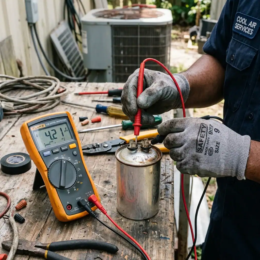 Ujian Kapasitor Kipas Outdoor Kembung Rosak Juruteknik menguji bacaan mikrofarad kapasitor kipas yang telah kembung menggunakan multimeter digital Fluke di atas meja kerja