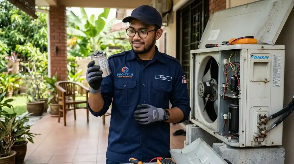 Juruteknik Melayu bertauliah Adimada memegang kapasitor larian perak di hadapan unit kondenser luar Daikin yang dibuka