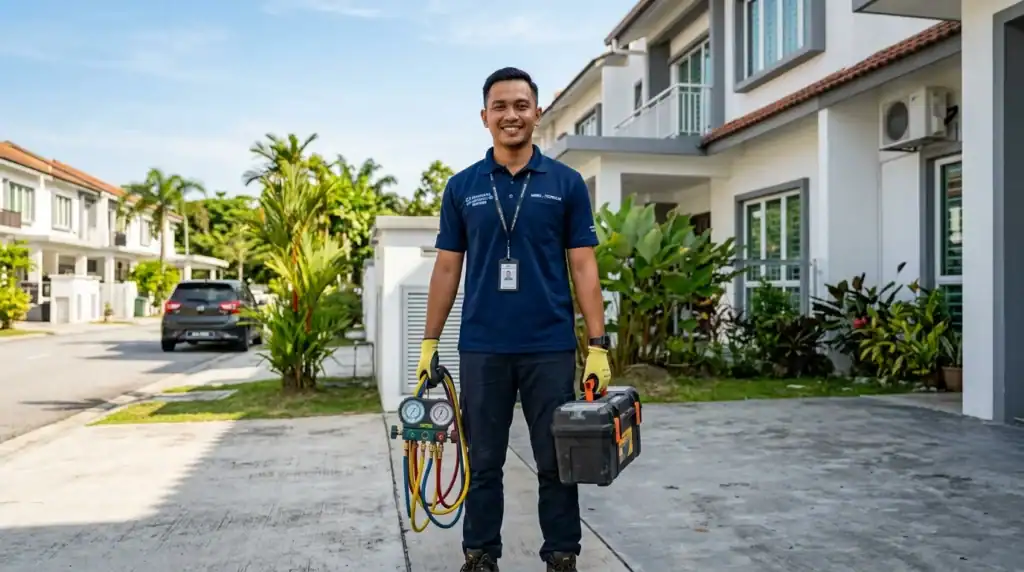 Juruteknik Melayu bertauliah Adimada berdiri di hadapan rumah teres Kota Damansara memegang kotak alatan servis aircond dan tolok manifold