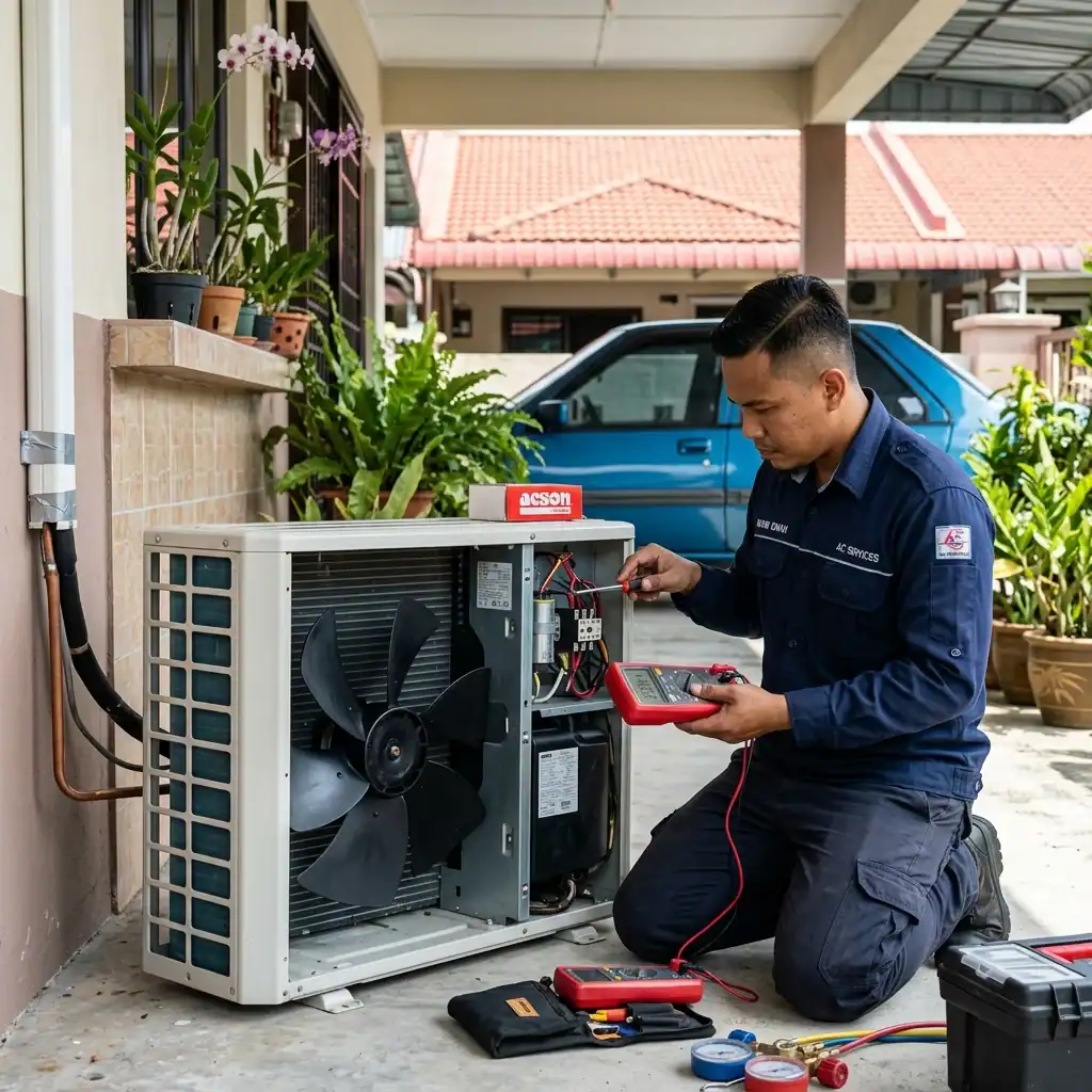 Juruteknik Melayu bertauliah Adimada memeriksa punca bilah kipas outdoor aircond tak pusing menggunakan multimeter pada unit kondenser di rumah kediaman