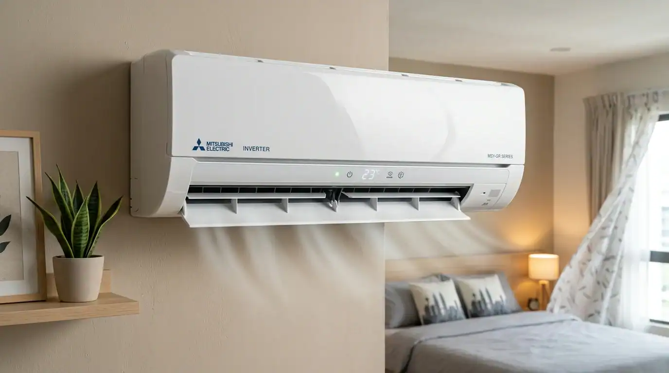 Unit pendingin hawa Mitsubishi Electric Inverter siri MSY-GR dipasang pada dinding bilik tidur beroperasi senyap dengan paparan suhu digital 23 darjah celcius