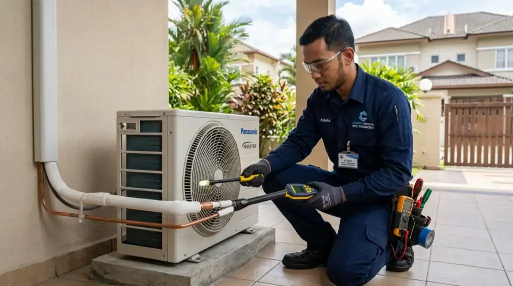 Juruteknik Melayu bertauliah Adimada memeriksa punca masalah paip aircond bocor gas menggunakan alat pengesan kebocoran elektronik pada paip kuprum outdoor