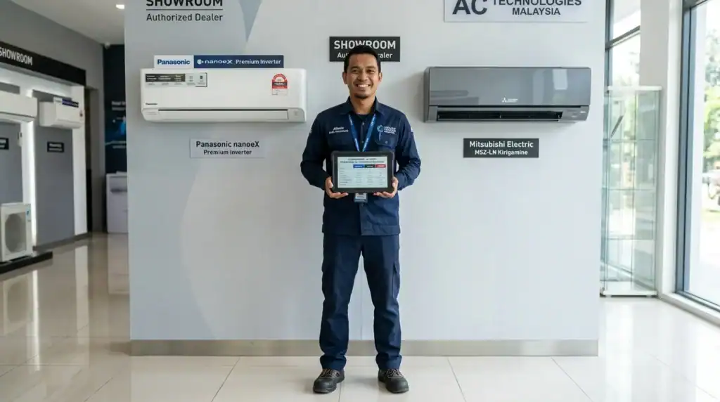 Juruteknik Melayu bertauliah Adimada berdiri di antara unit pendingin hawa Panasonic dan Mitsubishi Electric di bilik pameran sambil memegang tablet perbandingan teknikal