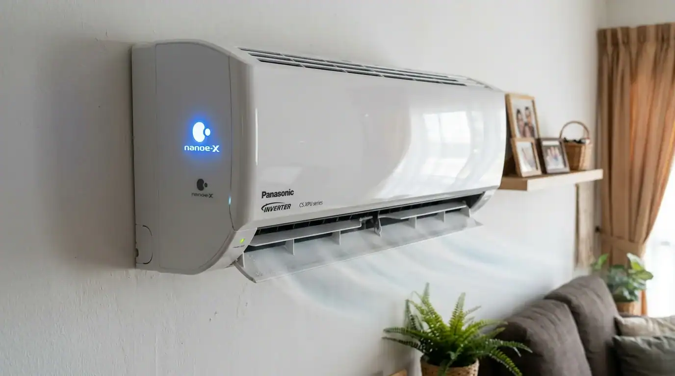 Pandangan dekat unit fancoil pendingin hawa Panasonic Inverter CS-XPU dengan lampu penunjuk biru Nanoe-X dan flap Aerowings di ruang tamu moden