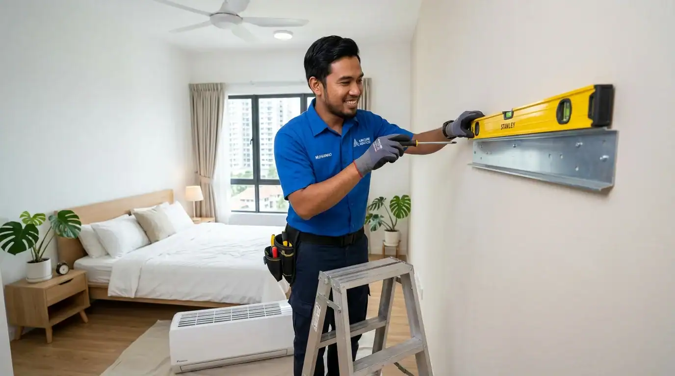 Juruteknik memasang dan mengukur kedudukan pendakap besi indoor unit aircond menggunakan penimbang air spirit level di Kota Damansara