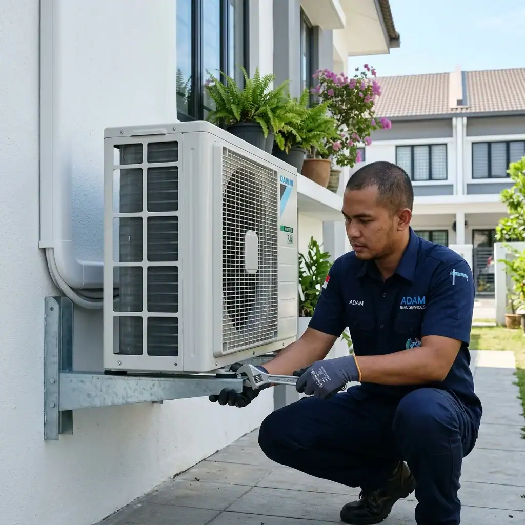 Juruteknik Adimada mengetatkan pendakap besi tugas berat bagi unit kompresor outdoor 2.0HP di luar rumah kediaman