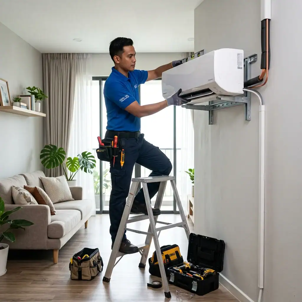 Juruteknik Adimada memasang unit penyaman udara fancoil inverter baharu pada dinding ruang tamu dengan kerja pendawaian kemas dan kukuh