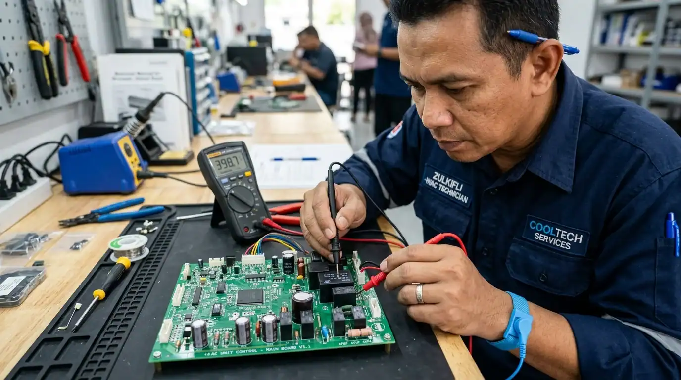 Pemeriksaan teliti komponen relay dan kapasitor pada papan litar utama PCB aircond yang menyebabkan litar pintas mati sendiri