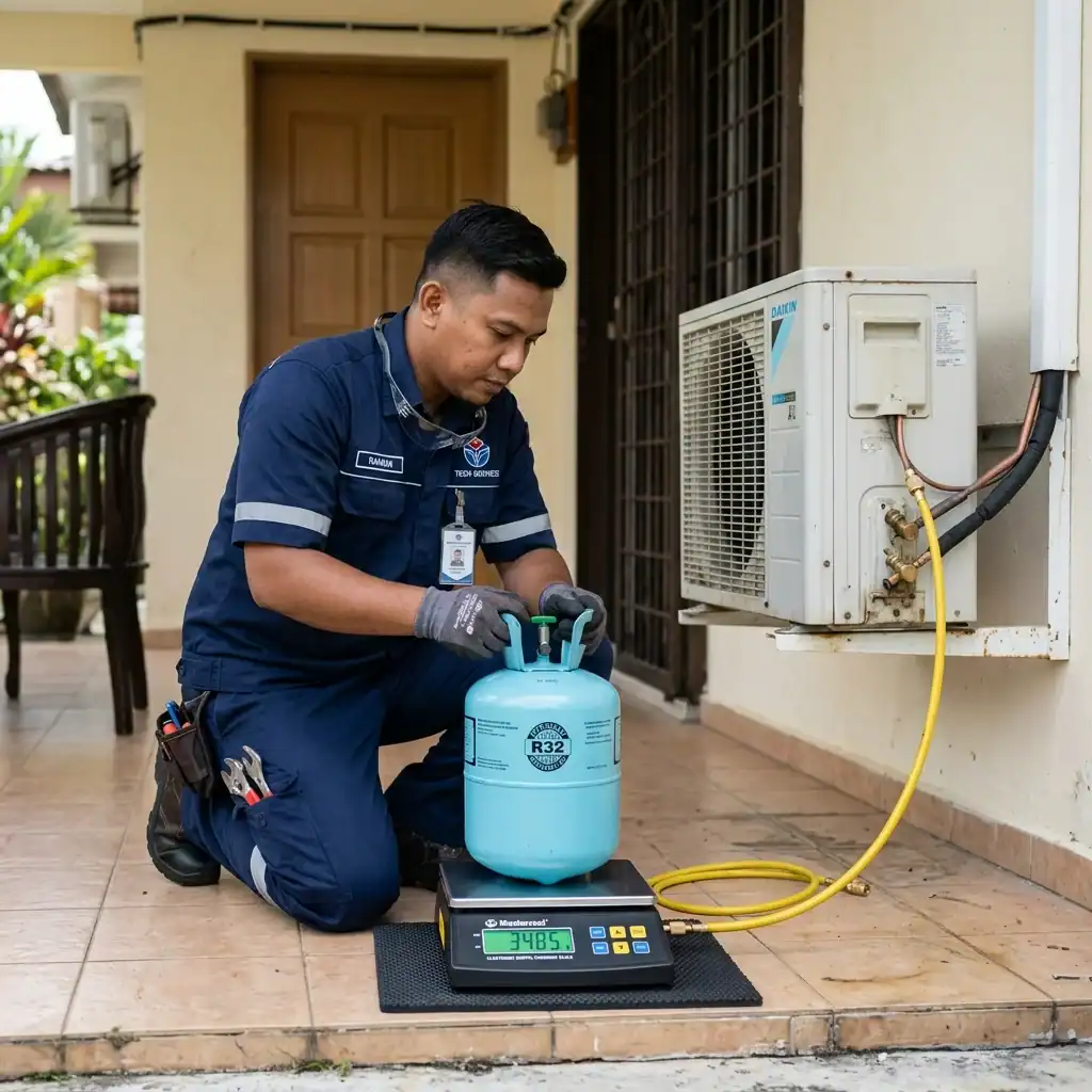 Juruteknik meletakkan silinder gas penyejuk R32 di atas penimbang elektronik digital bagi memastikan sukatan gram tepat mengikut spesifikasi kilang
