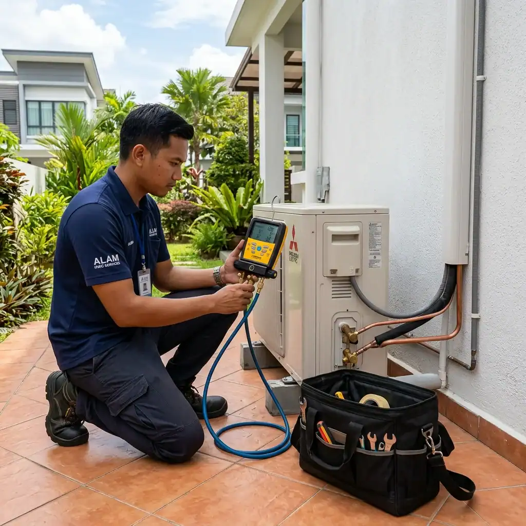Juruteknik memeriksa tekanan gas unit luaran outdoor menggunakan tolok manifold digital di patio rumah kediaman Denai Alam Shah Alam
