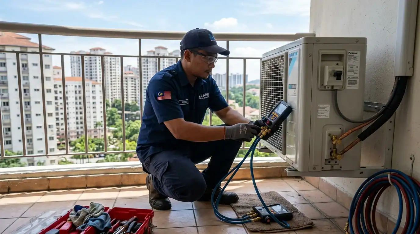 Juruteknik memeriksa tekanan gas kompresor luar Daikin di balkoni kondominium Kota Damansara menggunakan tolok manifold digital