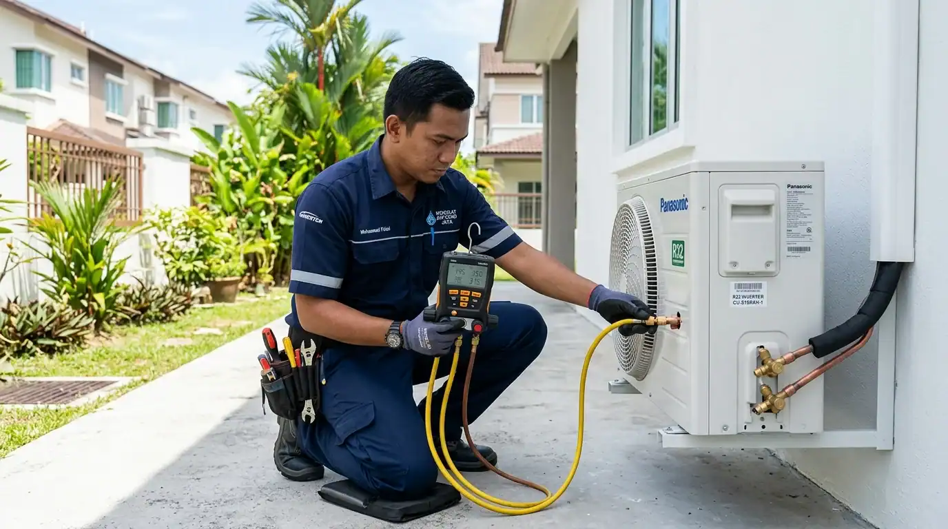 Pemeriksaan rapi tekanan gas penyejuk pada kompresor unit luar di rumah teres Saujana Utama menggunakan tolok pancarongga digital
