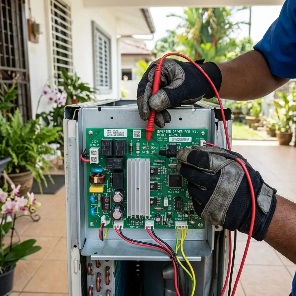 Diagnostik Papan Litar PCB Inverter Kipas Outdoor Juruteknik menguji titik litar elektronik papan PCB inverter pemacu motor kipas outdoor menggunakan probe multimeter digital