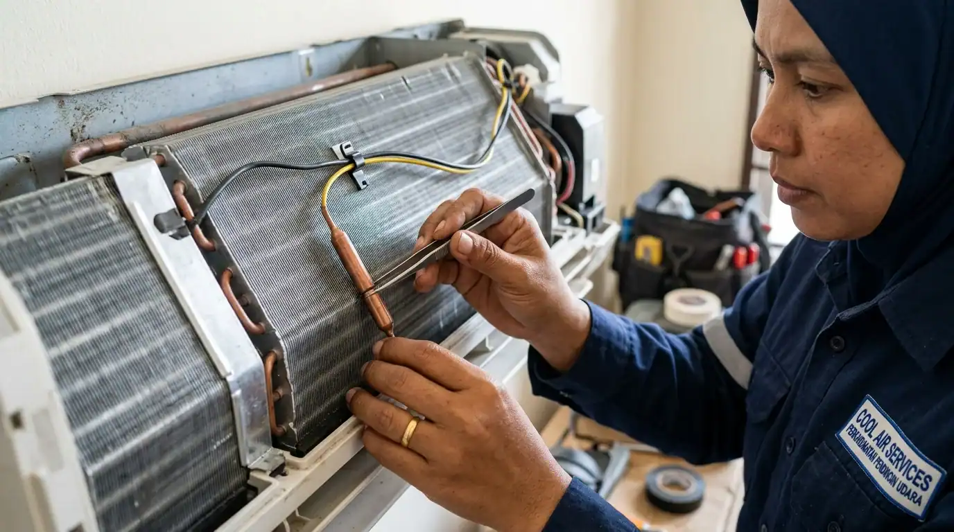 Juruteknik memeriksa sensor suhu bilik dan thermistor kuprum fancoil bagi mengatasi masalah aircond cut off sendiri