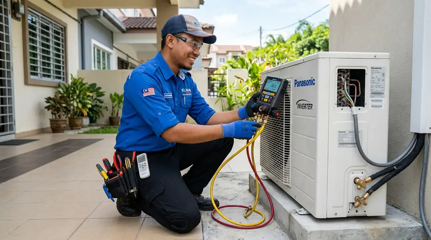 Juruteknik memeriksa paras tekanan gas pendingin hawa Panasonic Inverter menggunakan tolok manifold digital di anjung rumah kediaman Rawang