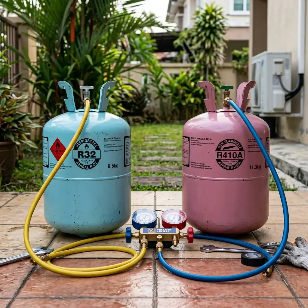 Dua silinder gas R32 dan R410A diletakkan bersebelahan bersama hos tolok pancarongga bagi servis pengisian gas aircond kediaman