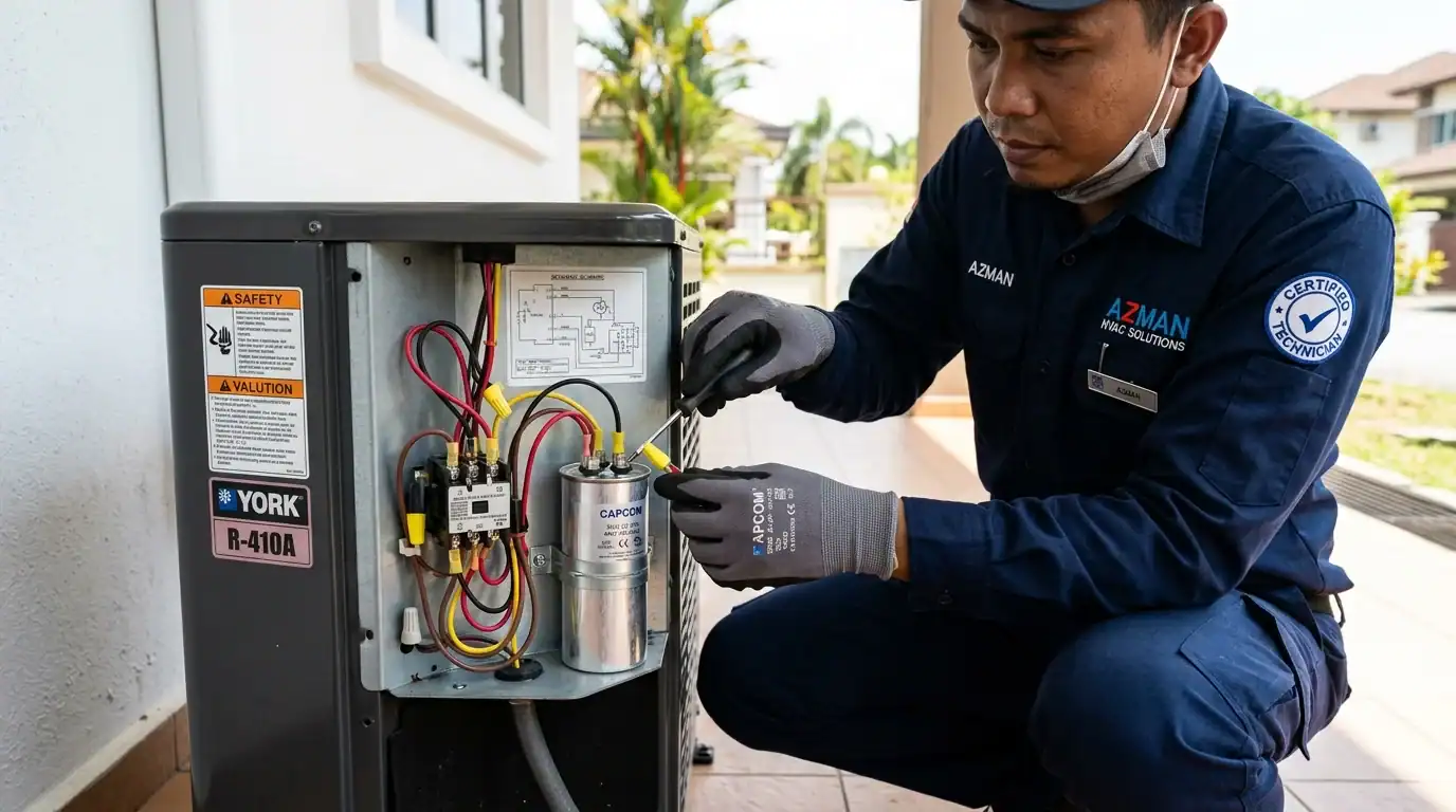 Pemasangan Pendawaian Kapasitor Baharu Unit Outdoor Juruteknik menyambungkan soket terminal pendawaian elektrik pada kapasitor dwi-larian baharu di dalam kotak litar outdoor aircond