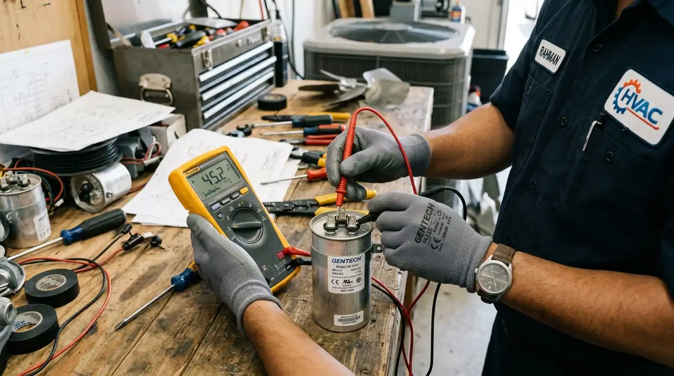 Ujian Kapasiti Microfarad Menggunakan Multimeter Digital Juruteknik menguji bacaan mikrofarad kapasitor aircond menggunakan multimeter digital kuning berketepatan tinggi di meja kerja