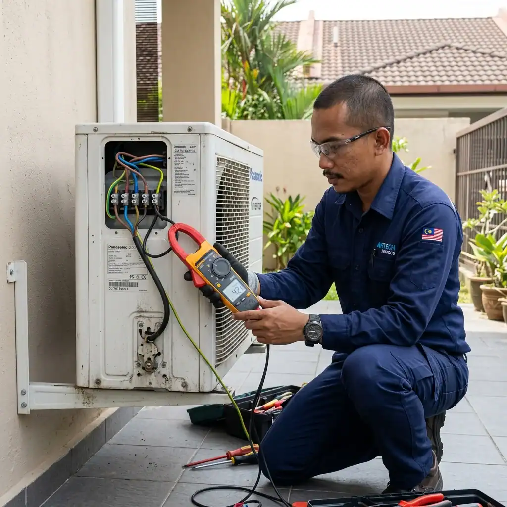 Juruteknik menguji bacaan arus elektrik ampere pada unit 2.0HP inverter menggunakan meter pengapit digital menunjukkan penggunaan tenaga rendah 4.2A