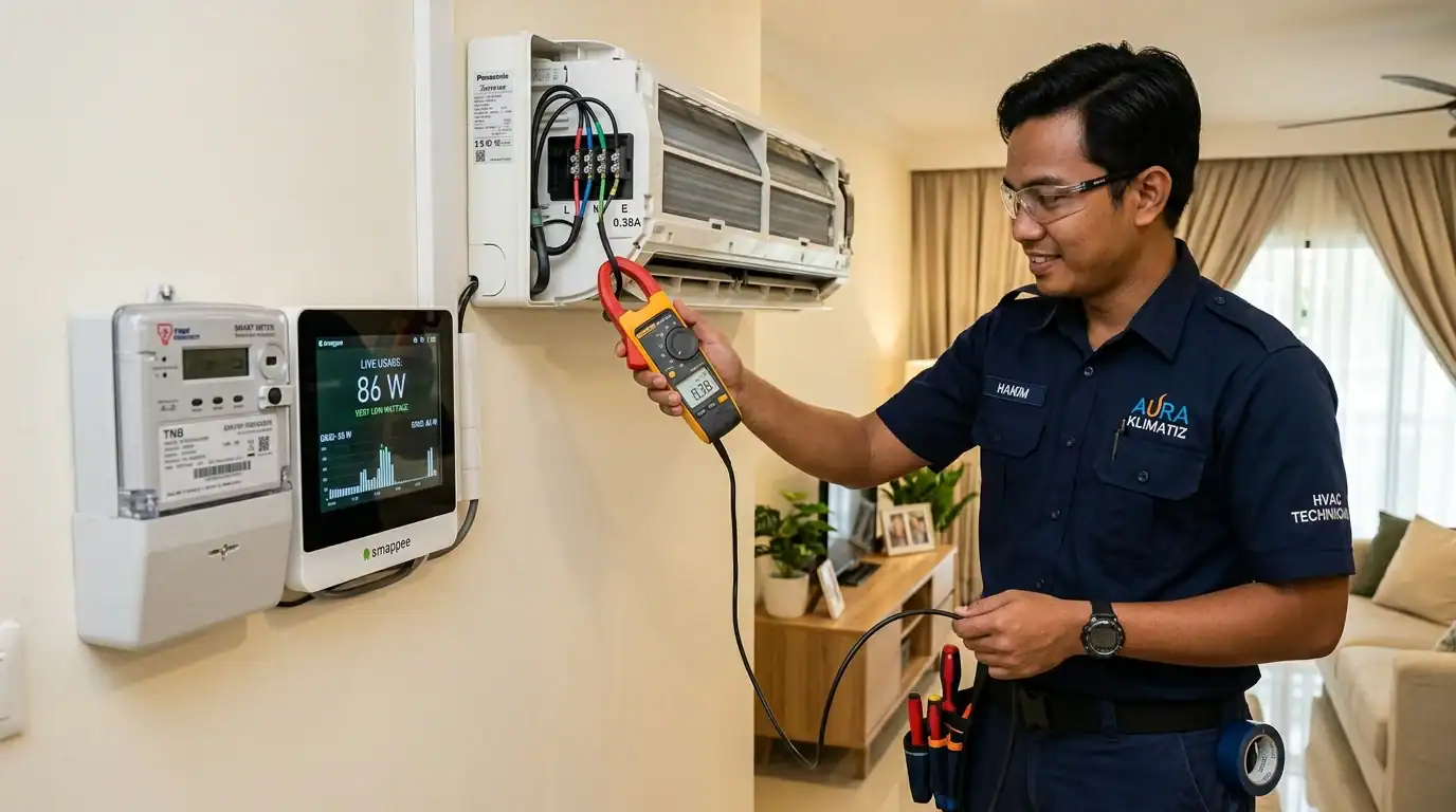 Juruteknik menguji bacaan arus elektrik ampere dan meter pintar menunjukkan penggunaan watt rendah yang menjimatkan bil bulanan